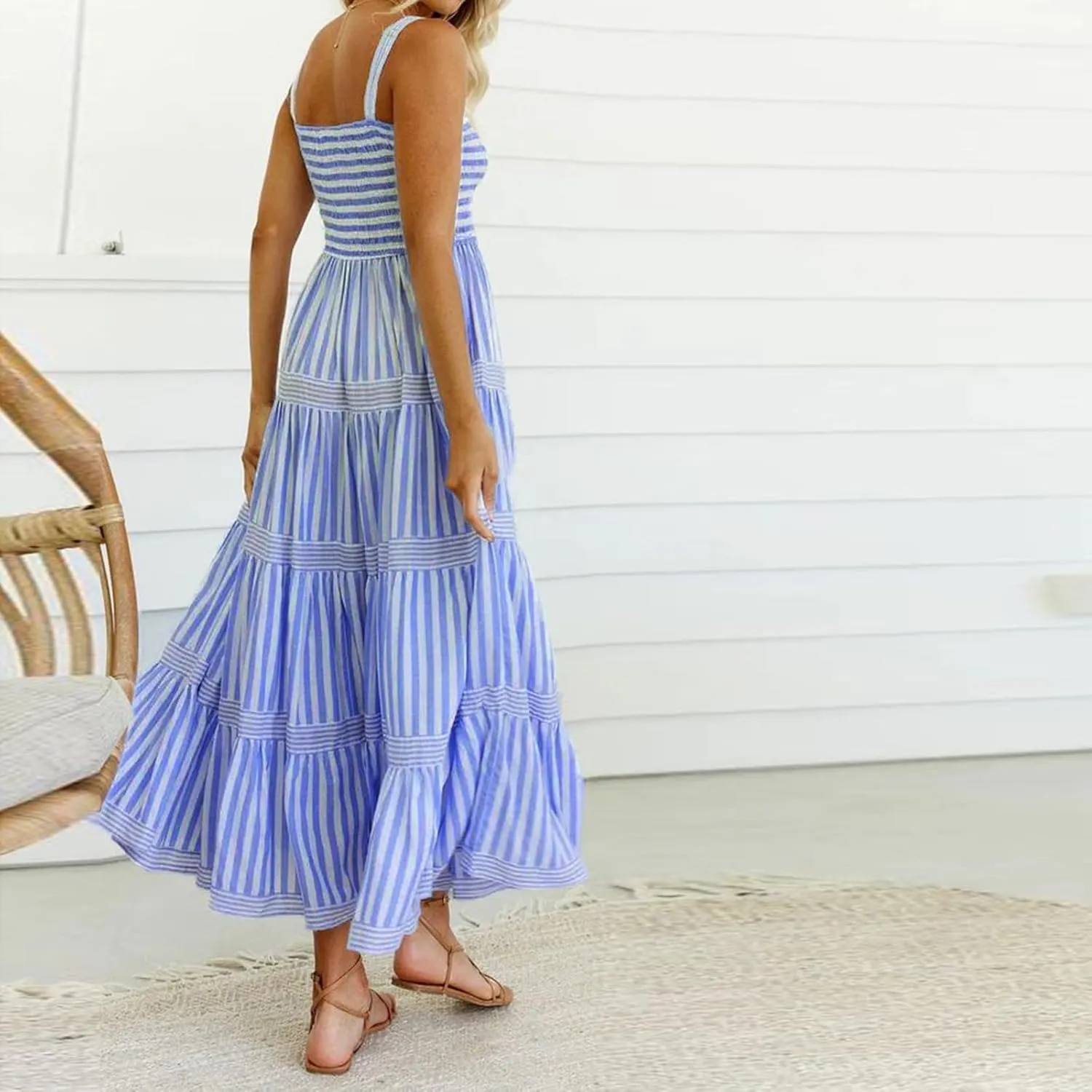Women Striped Print Maxi Dress Spaghetti Strap Flowy Tiered Dress Sleeveless Casual Summer Sundress