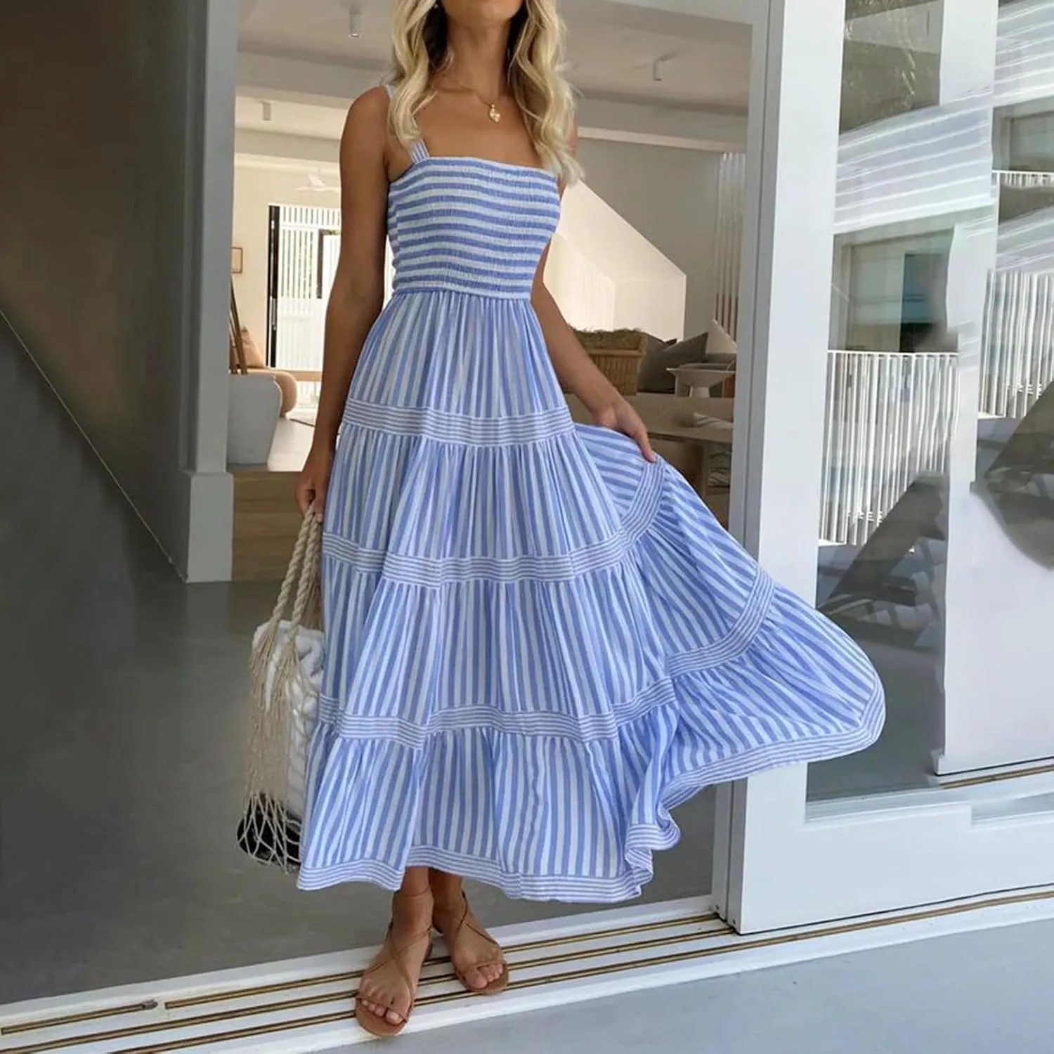 Women Striped Print Maxi Dress Spaghetti Strap Flowy Tiered Dress Sleeveless Casual Summer Sundress