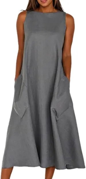 Women Summer Linen Sun Dress Casual Sleeveless Crewneck Flowy Shift Maxi Dress Loose Beach Dresses with Pocket