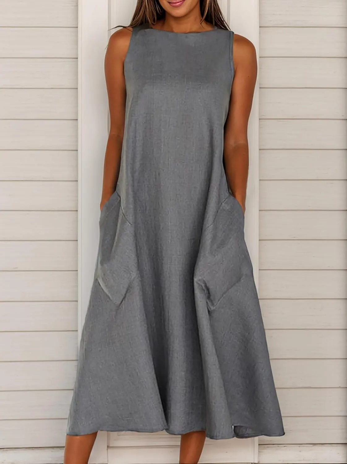 Women Summer Linen Sun Dress Casual Sleeveless Crewneck Flowy Shift Maxi Dress Loose Beach Dresses with Pocket