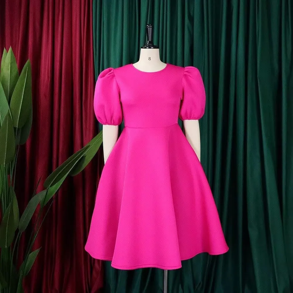 Women's Fuchsia V Neck Ruffles Short Sleeve Pleated A-Line Party Midi Dress
