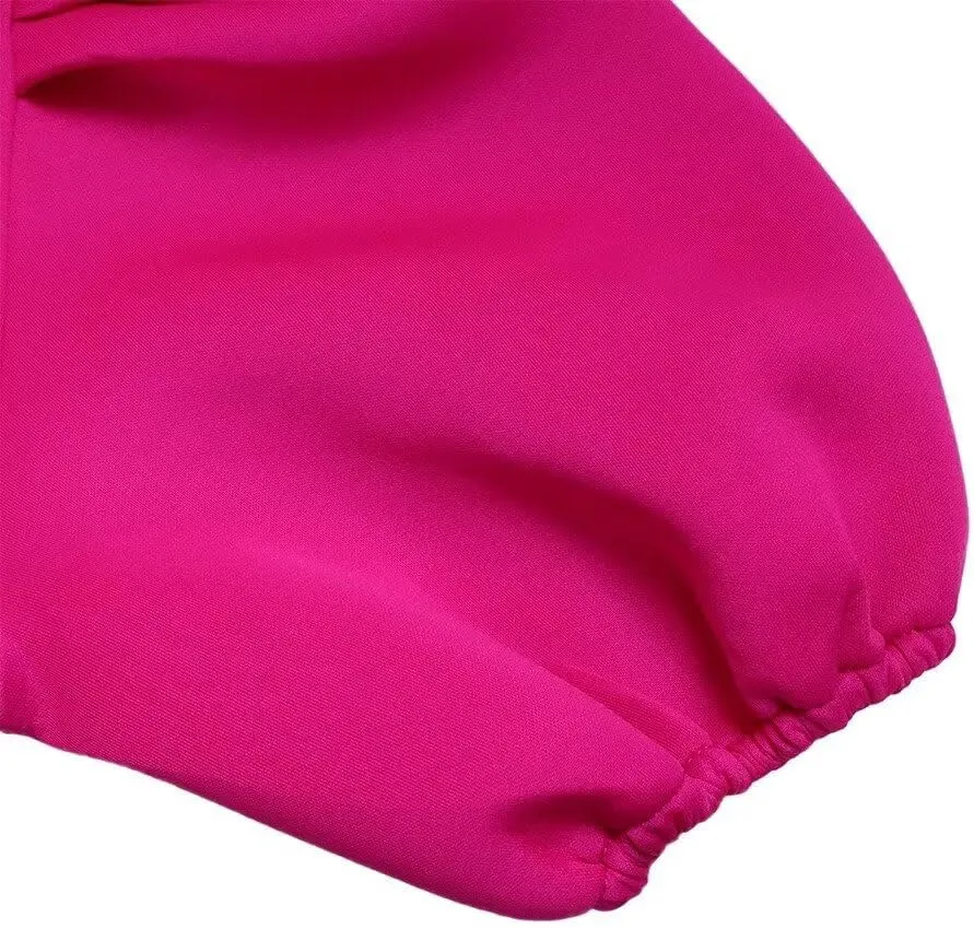 Women's Fuchsia V Neck Ruffles Short Sleeve Pleated A-Line Party Midi Dress