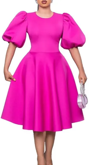 Women's Fuchsia V Neck Ruffles Short Sleeve Pleated A-Line Party Midi Dress