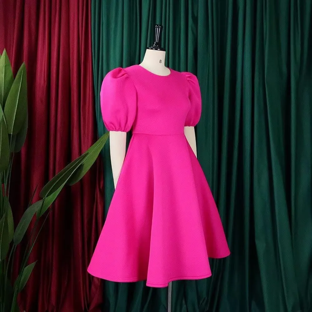 Women's Fuchsia V Neck Ruffles Short Sleeve Pleated A-Line Party Midi Dress