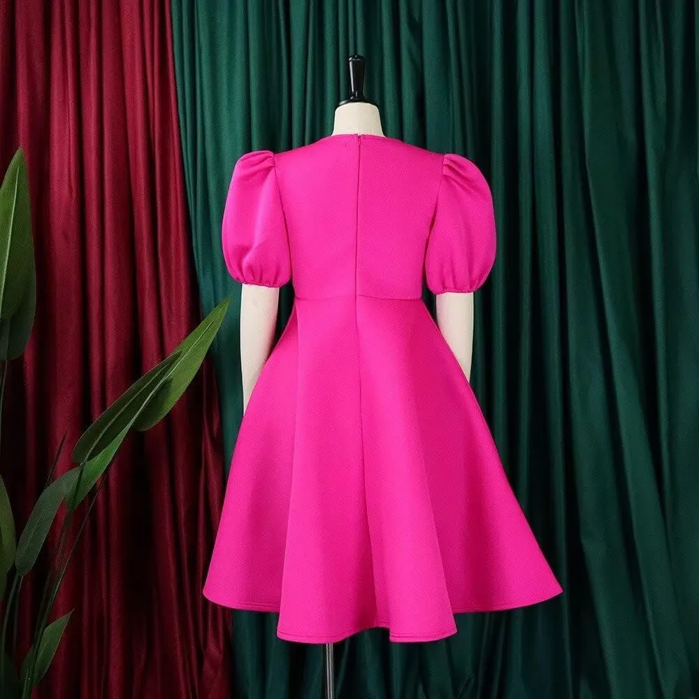 Women's Fuchsia V Neck Ruffles Short Sleeve Pleated A-Line Party Midi Dress