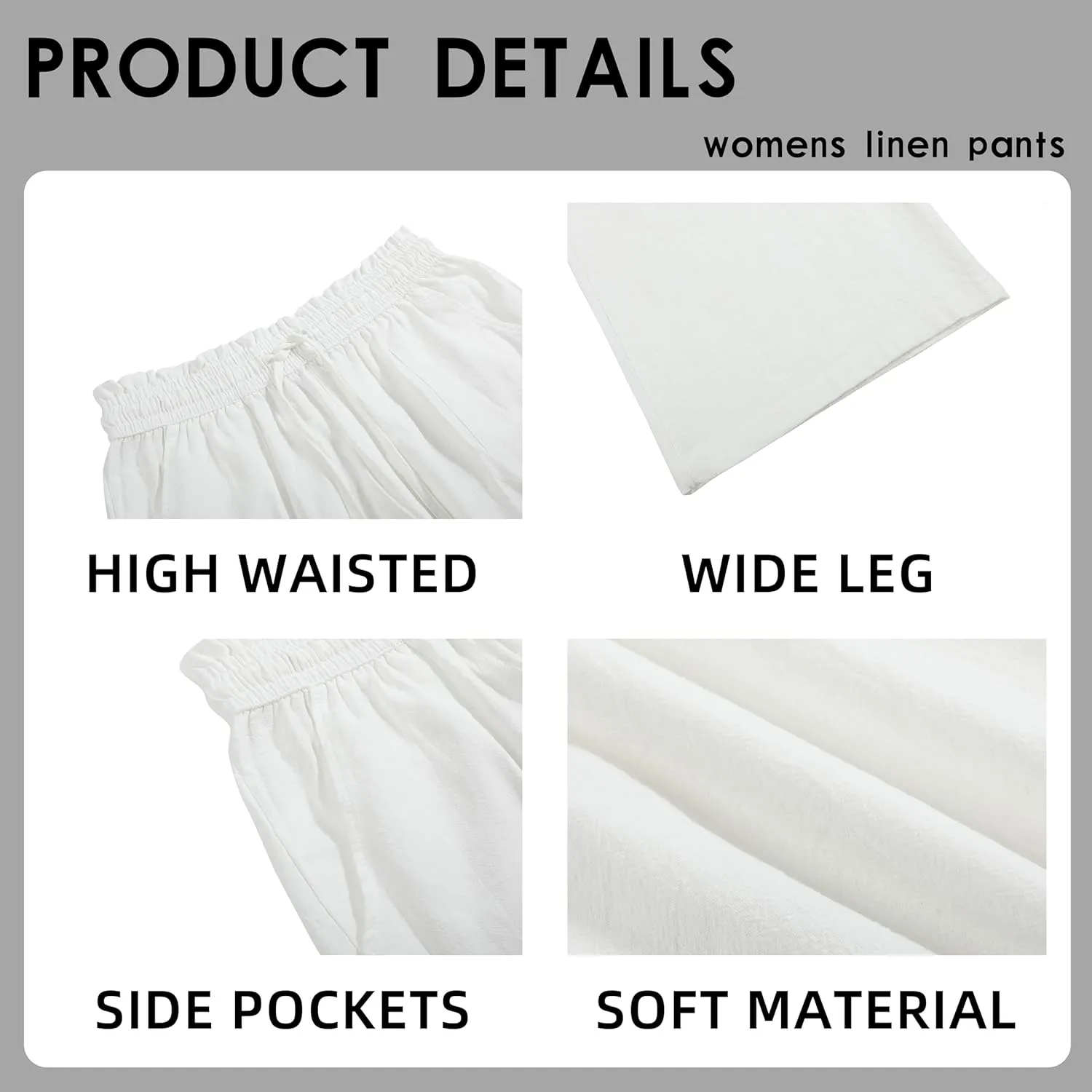 Womens Linen Pants Elastic High Waisted Wide Leg Drawstring Casual Loose Cropped Pants with Pockets