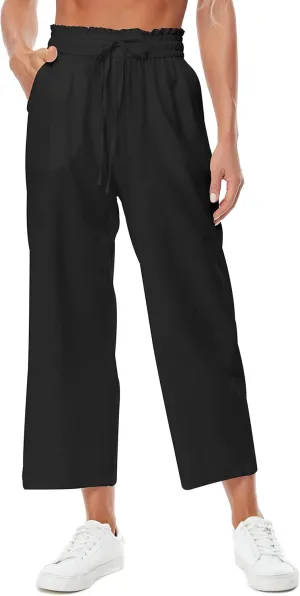 Womens Linen Pants Elastic High Waisted Wide Leg Drawstring Casual Loose Cropped Pants with Pockets