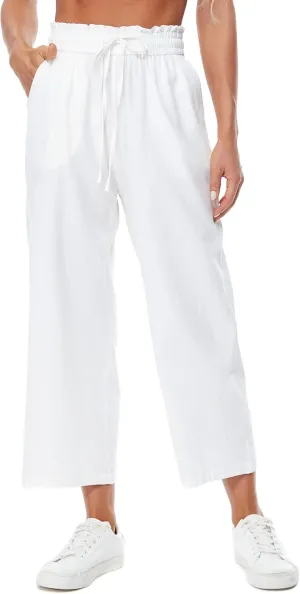 Womens Linen Pants Elastic High Waisted Wide Leg Drawstring Casual Loose Cropped Pants with Pockets