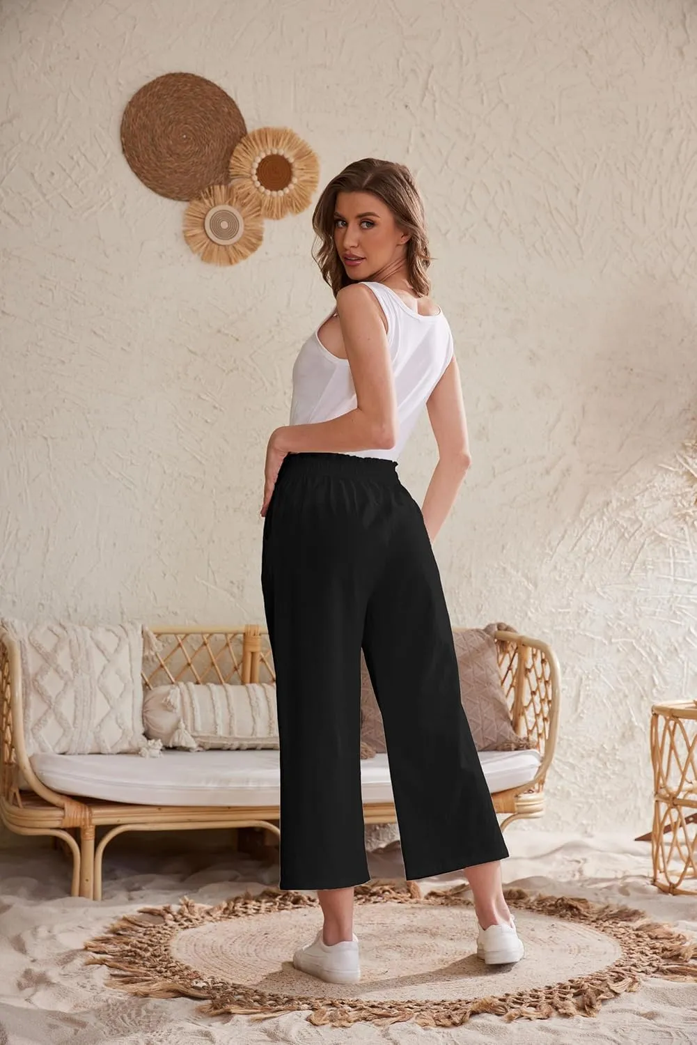 Womens Linen Pants Elastic High Waisted Wide Leg Drawstring Casual Loose Cropped Pants with Pockets