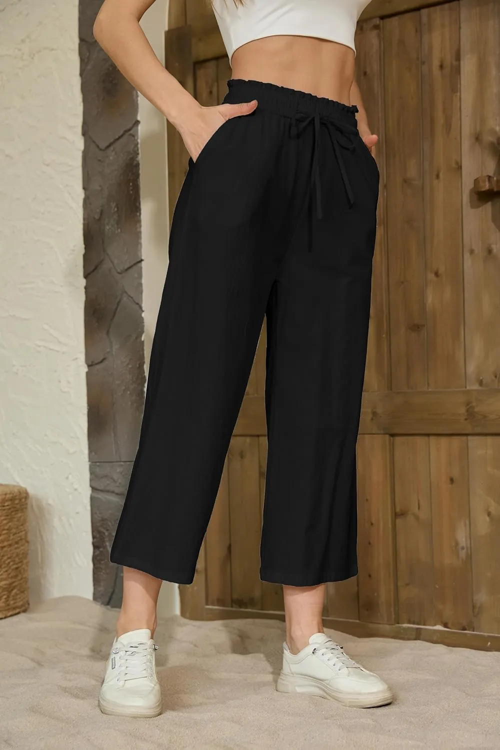 Womens Linen Pants Elastic High Waisted Wide Leg Drawstring Casual Loose Cropped Pants with Pockets