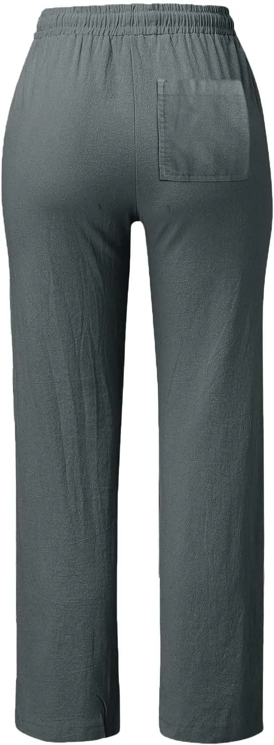 Womens Linen Pants Summer 2025 Elastic Drawstring High Waisted Fit Pant Beach Casual Lightweight Trousers with Pockets