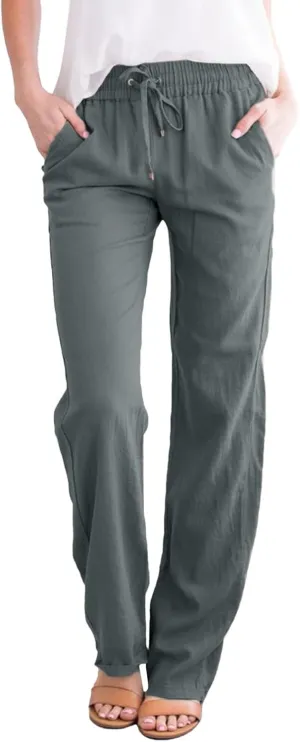 Womens Linen Pants Summer 2025 Elastic Drawstring High Waisted Fit Pant Beach Casual Lightweight Trousers with Pockets