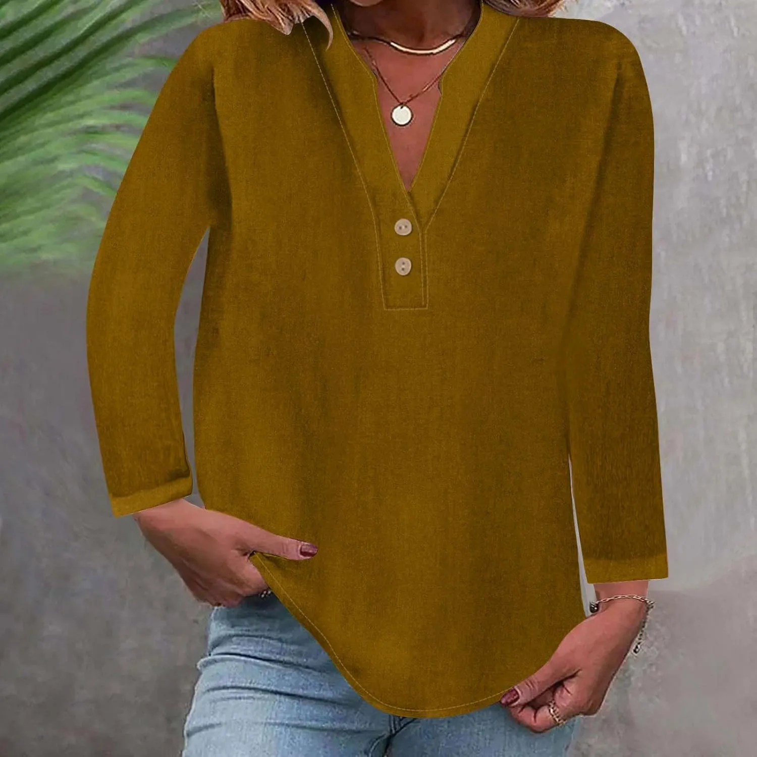 Women's Long Sleeve T Shirts Button Down V Neck Tunic Classic Loose Fit Blouses 2024 Fall Trendy Casual Daily Tops