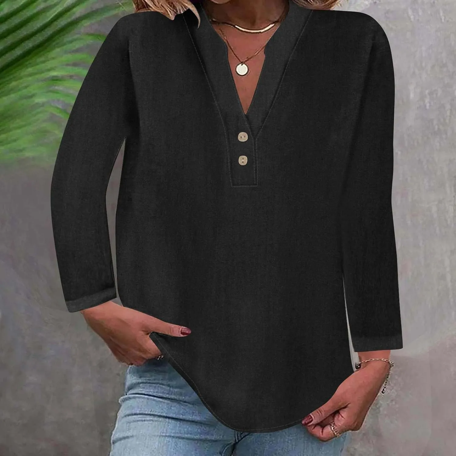 Women's Long Sleeve T Shirts Button Down V Neck Tunic Classic Loose Fit Blouses 2024 Fall Trendy Casual Daily Tops