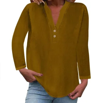 Women's Long Sleeve T Shirts Button Down V Neck Tunic Classic Loose Fit Blouses 2024 Fall Trendy Casual Daily Tops