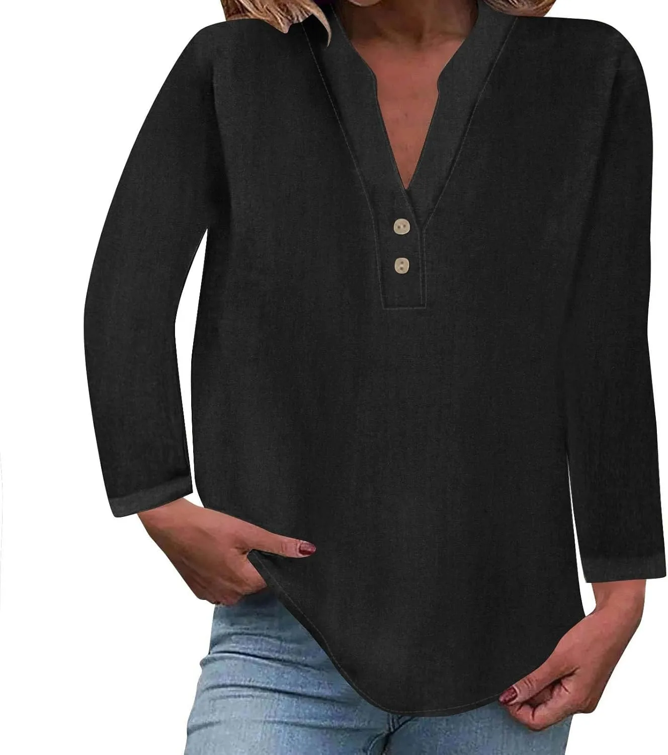 Women's Long Sleeve T Shirts Button Down V Neck Tunic Classic Loose Fit Blouses 2024 Fall Trendy Casual Daily Tops