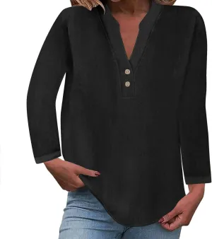 Women's Long Sleeve T Shirts Button Down V Neck Tunic Classic Loose Fit Blouses 2024 Fall Trendy Casual Daily Tops