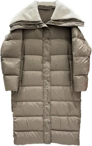 Women's Loose Plush Large Lapel Parka Coat Classic Solid Stripe Zipper Cotton-Padded Jacket