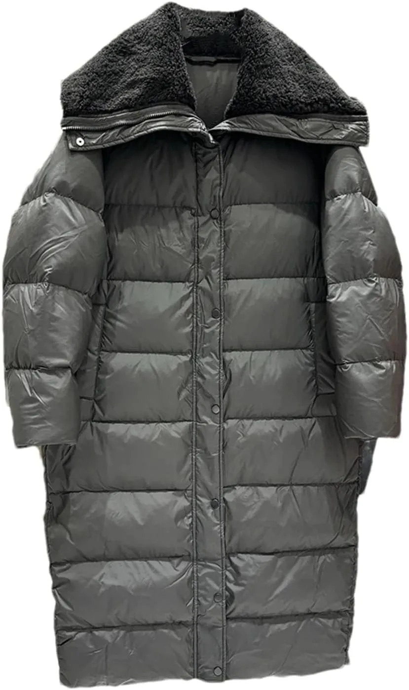 Women's Loose Plush Large Lapel Parka Coat Classic Solid Stripe Zipper Cotton-Padded Jacket