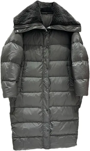Women's Loose Plush Large Lapel Parka Coat Classic Solid Stripe Zipper Cotton-Padded Jacket
