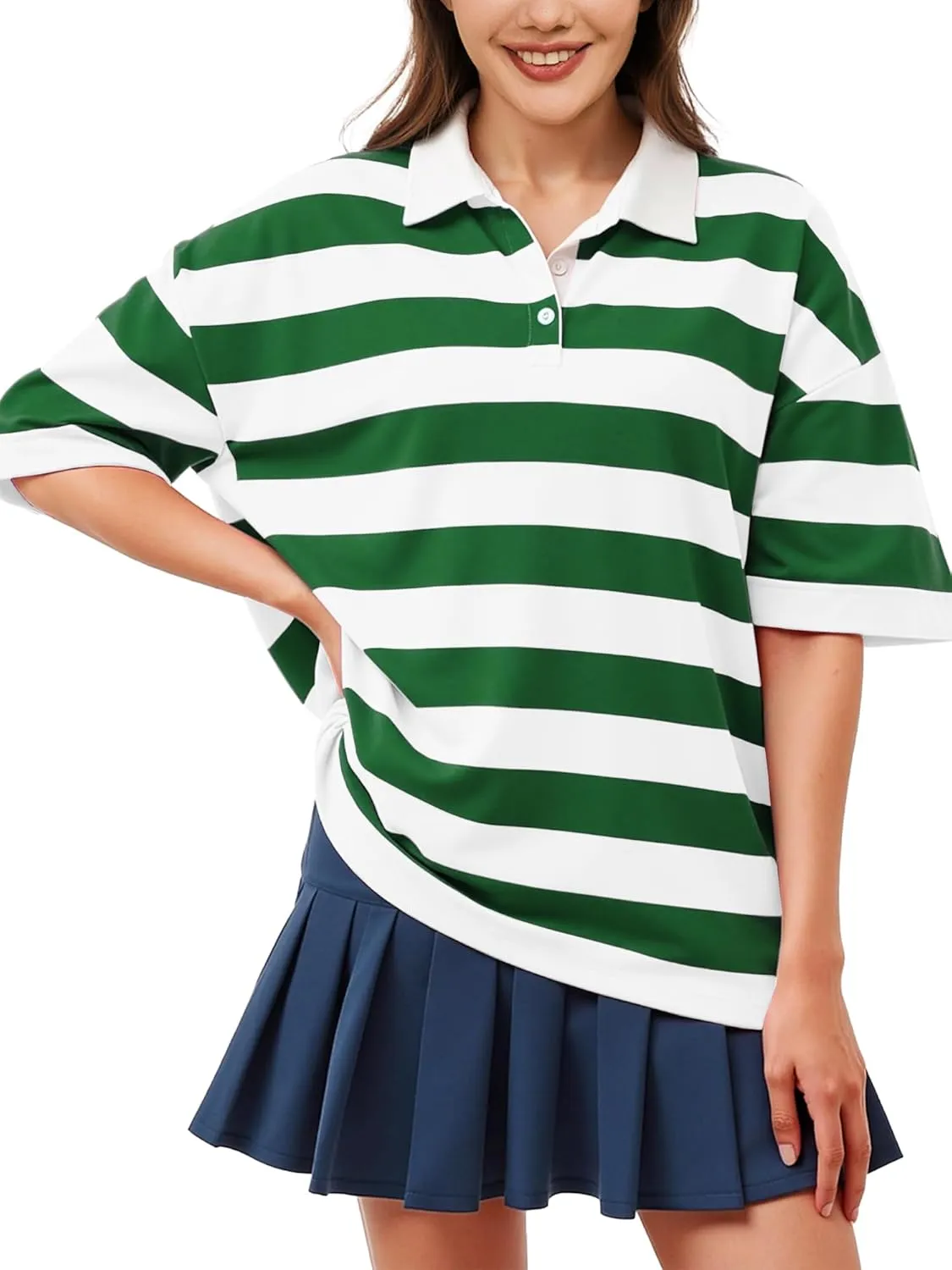 Womens Oversized Striped Polo Sweatshirt Color Block Short Sleeve Polo T-Shirts Fashion Streetwear Pullover Tops