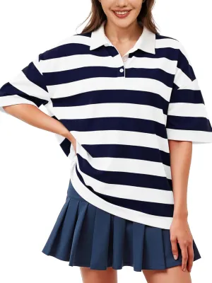 Womens Oversized Striped Polo Sweatshirt Color Block Short Sleeve Polo T-Shirts Fashion Streetwear Pullover Tops