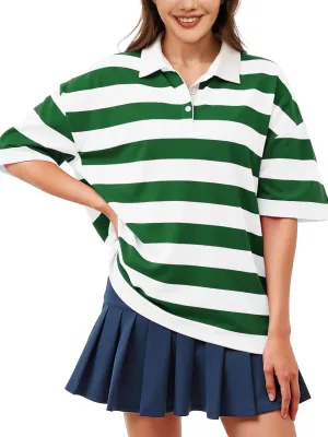 Womens Oversized Striped Polo Sweatshirt Color Block Short Sleeve Polo T-Shirts Fashion Streetwear Pullover Tops