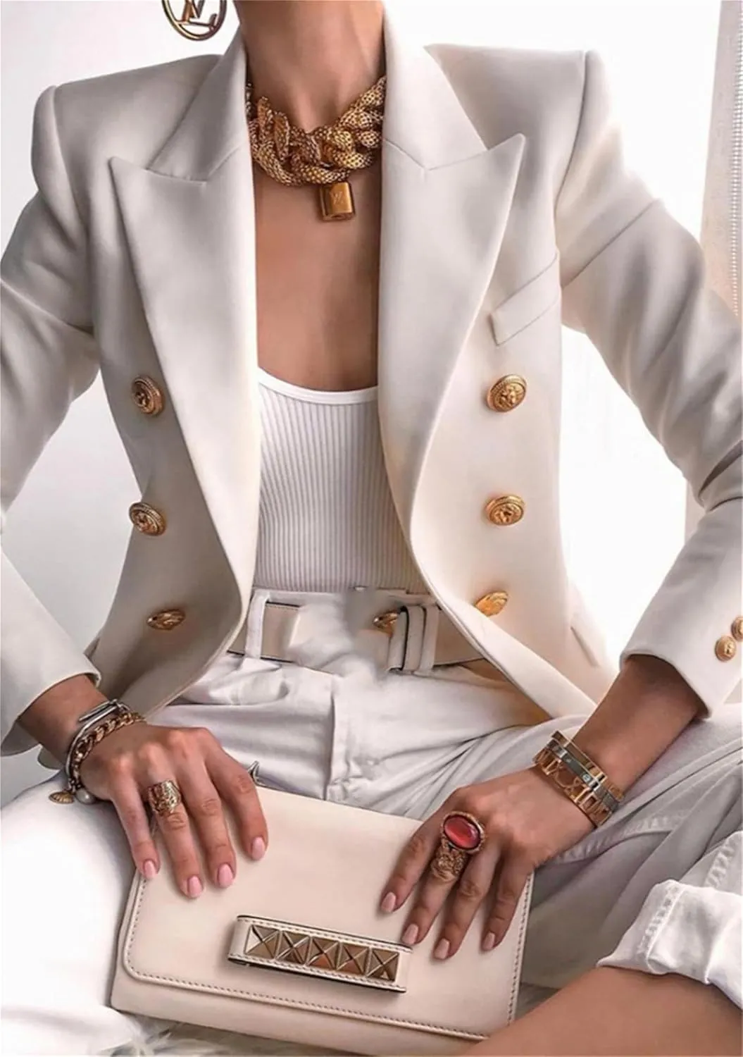Womens Slim Fit Formal Classic Blazer Double Breasted Long Sleeve Jacket Office Lapel Collar Suit Coat