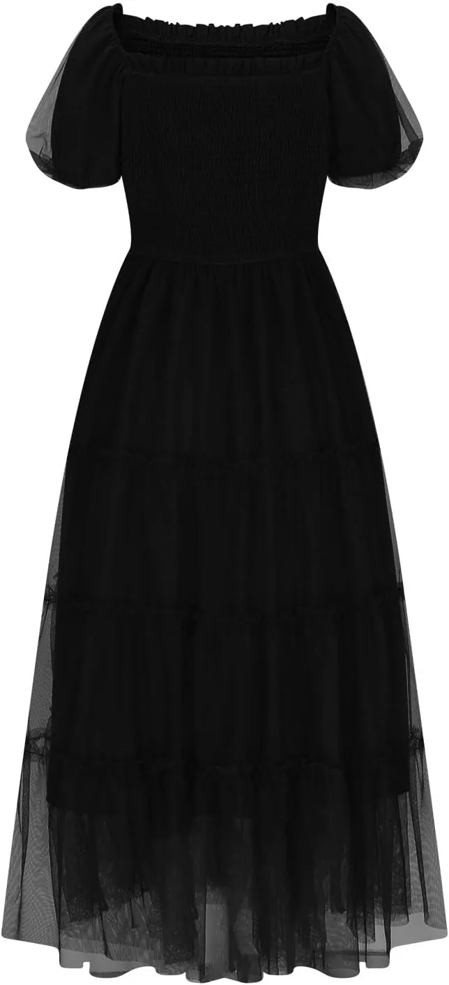 Women's Smocked Midi Tulle Dress Puff Short Sleeve Square Neck Wedding Party Dresses Ruffle Tiered Beach Sundress