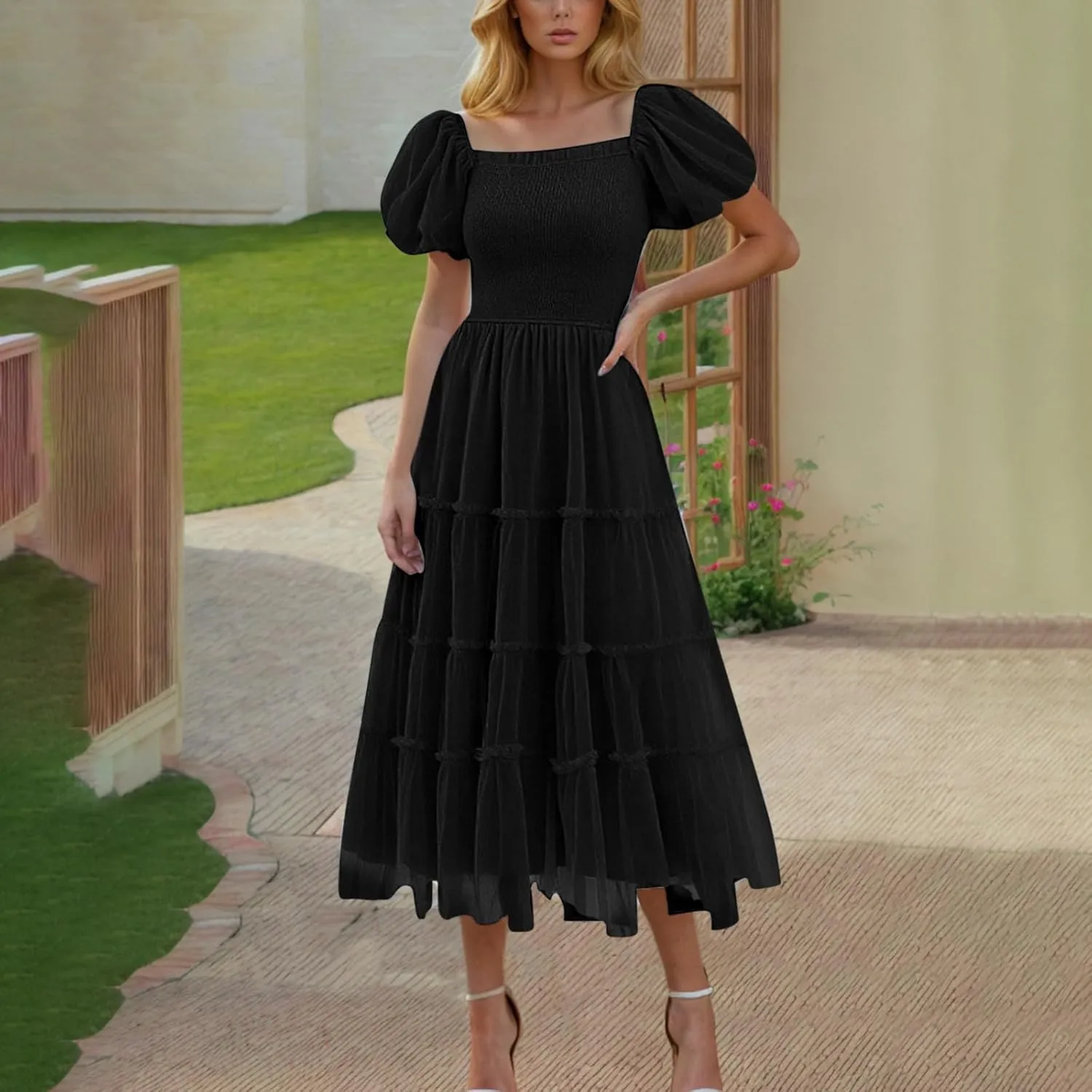 Women's Smocked Midi Tulle Dress Puff Short Sleeve Square Neck Wedding Party Dresses Ruffle Tiered Beach Sundress