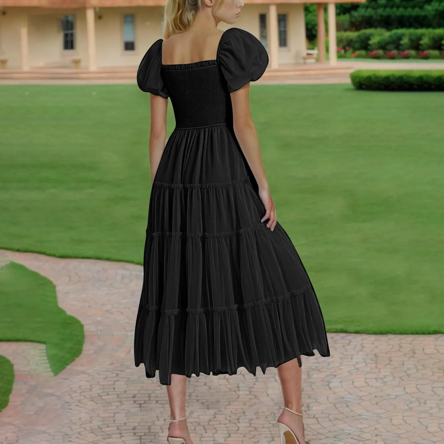 Women's Smocked Midi Tulle Dress Puff Short Sleeve Square Neck Wedding Party Dresses Ruffle Tiered Beach Sundress