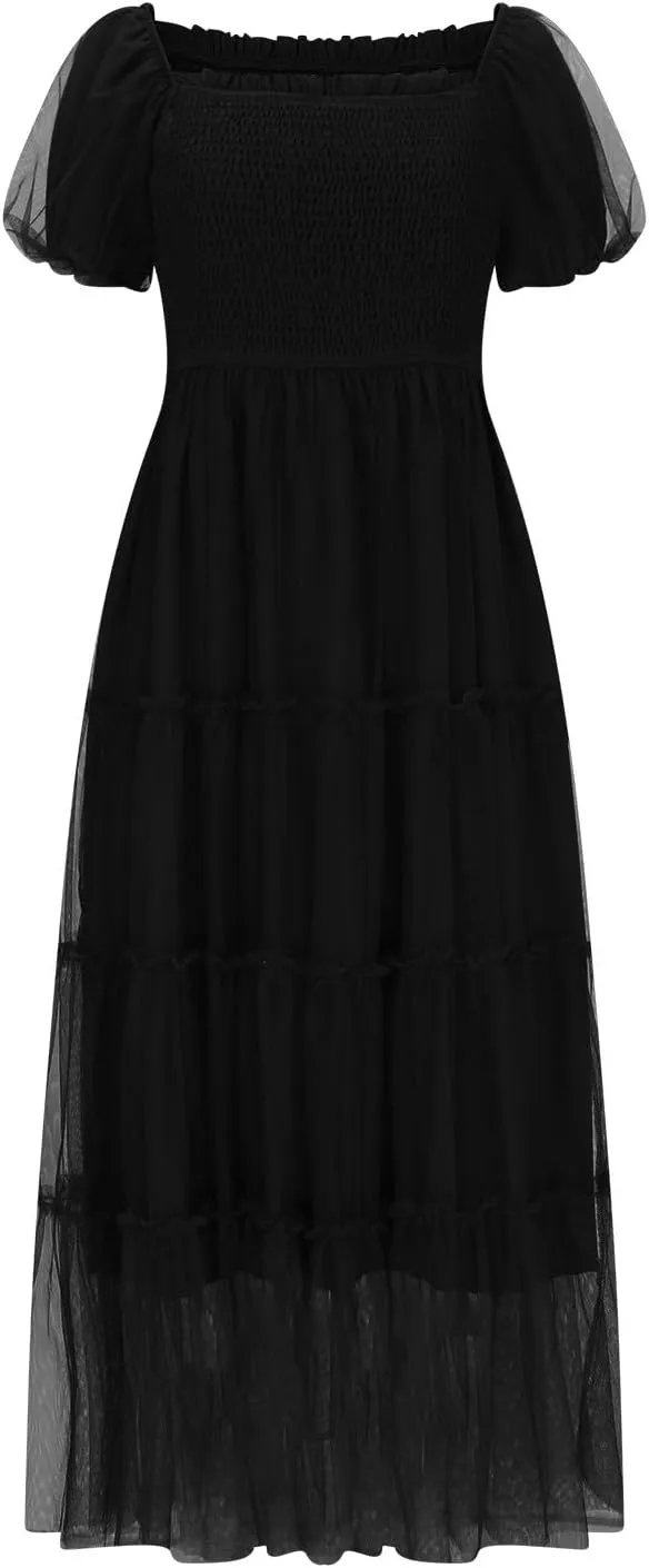Women's Smocked Midi Tulle Dress Puff Short Sleeve Square Neck Wedding Party Dresses Ruffle Tiered Beach Sundress
