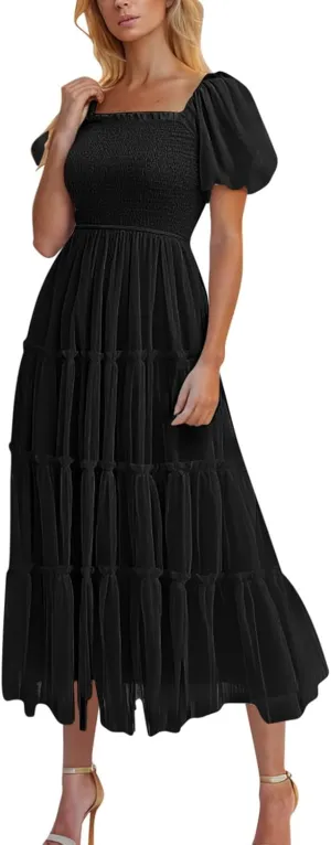 Women's Smocked Midi Tulle Dress Puff Short Sleeve Square Neck Wedding Party Dresses Ruffle Tiered Beach Sundress