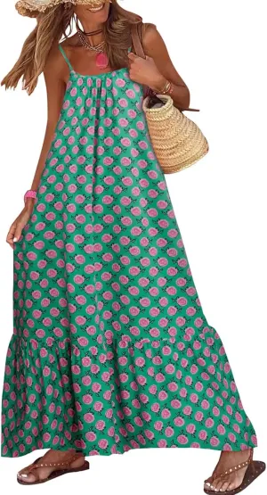 Womens Summer Bohemian Pattern Spaghetti Straps Sleeveless Casual Maxi Long Dresses Y2k Beach Sundress Streetwear