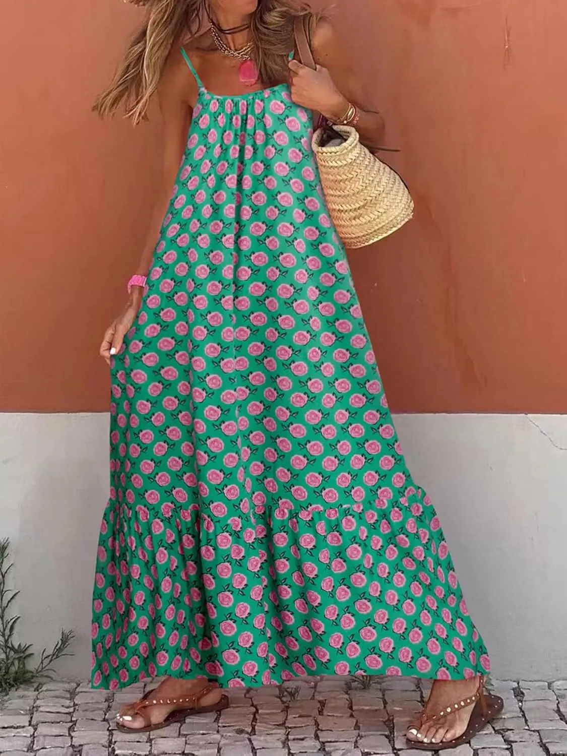 Womens Summer Bohemian Pattern Spaghetti Straps Sleeveless Casual Maxi Long Dresses Y2k Beach Sundress Streetwear