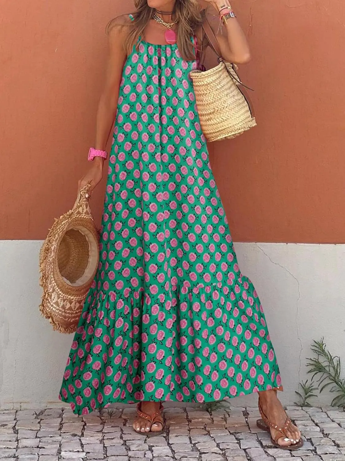 Womens Summer Bohemian Pattern Spaghetti Straps Sleeveless Casual Maxi Long Dresses Y2k Beach Sundress Streetwear