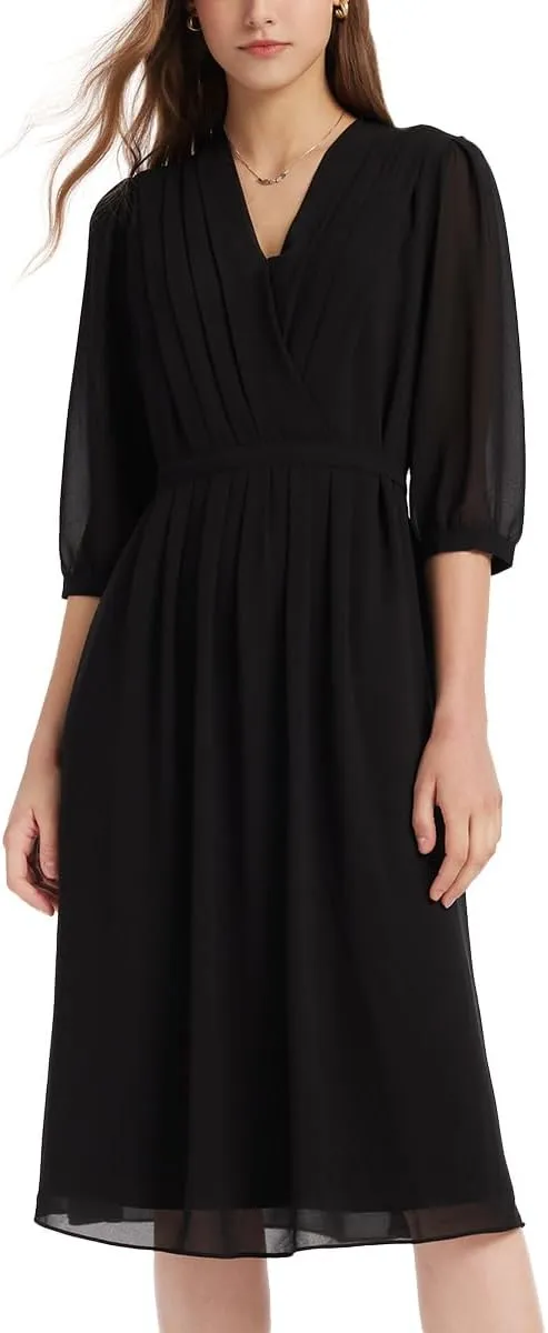 Women's Summer Dress 3/4 Sleeve Casual Boho V-Neck Pleated Lace Up Wrap Flowy Midi Dress Wedding Guest Dresses