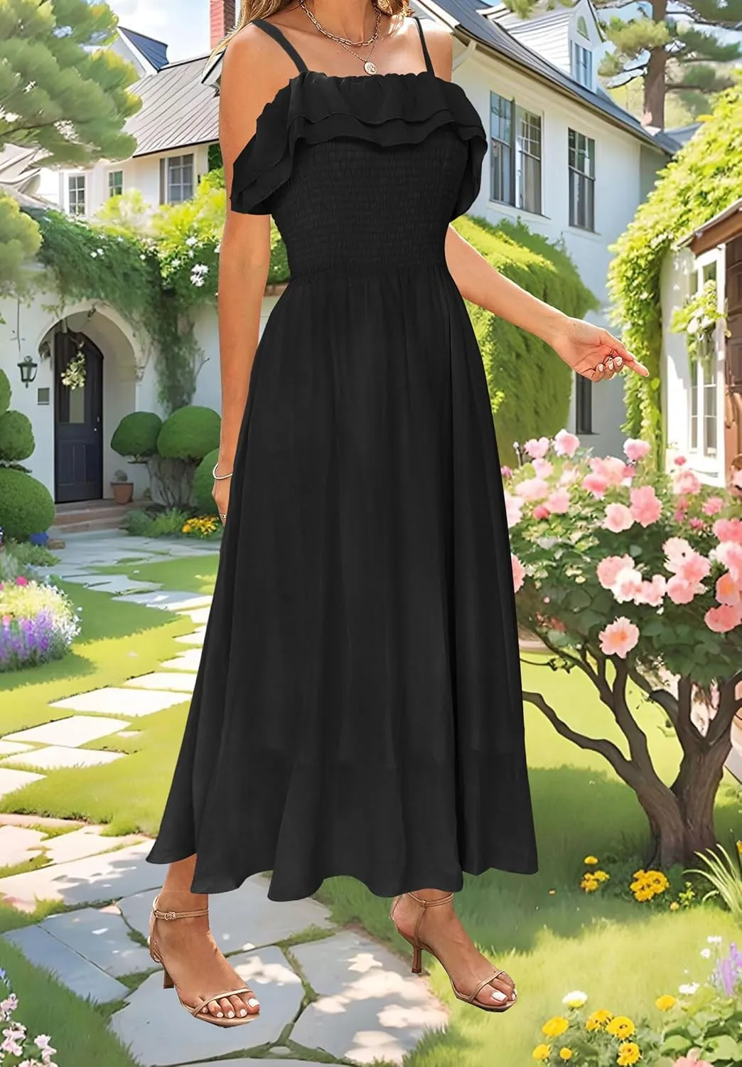 Women's Summer Dresses 2025 Sundress Spaghetti Strap Smocked Ruffle Beach Long Dress Boho Floral Maxi Dresses