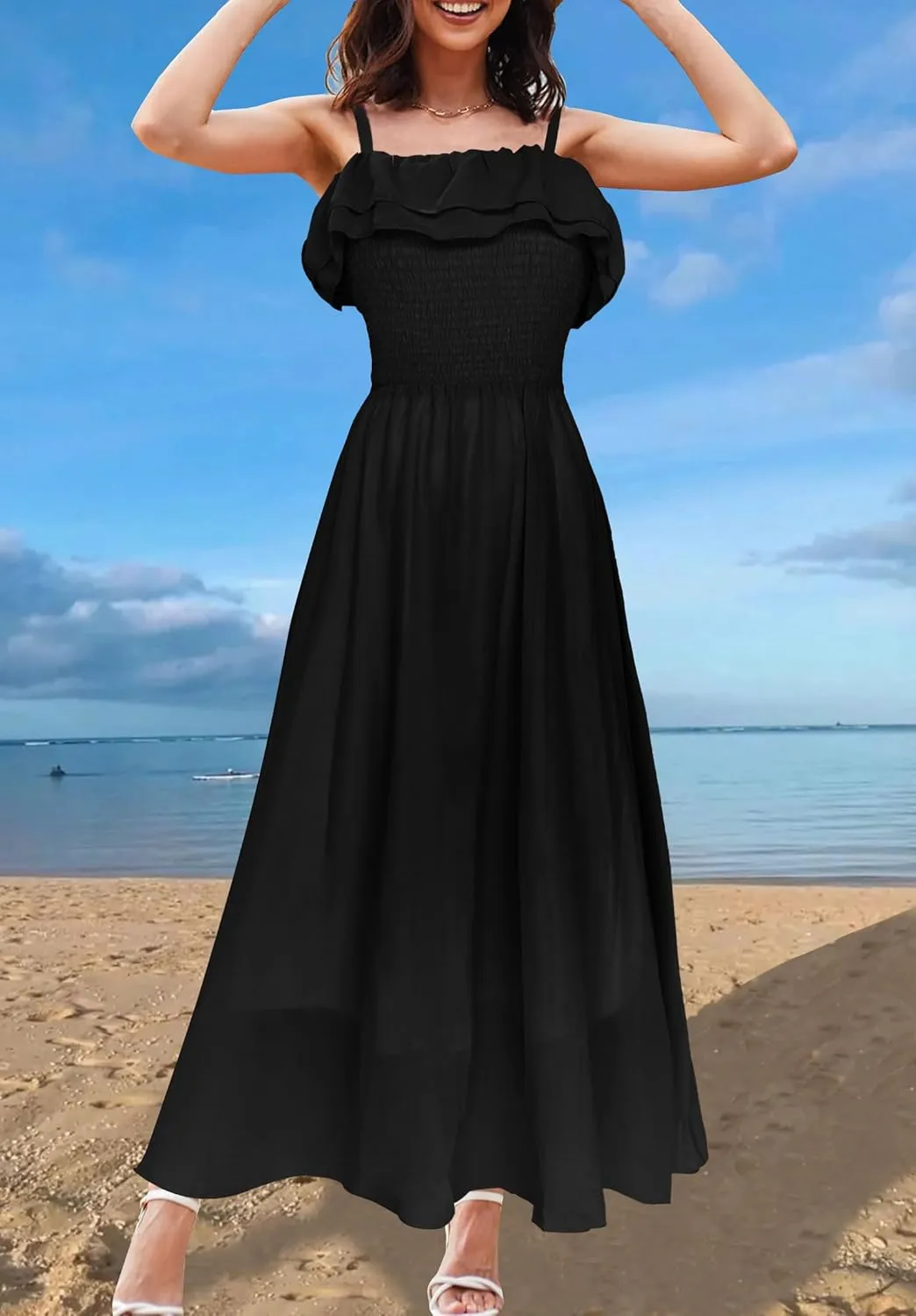 Women's Summer Dresses 2025 Sundress Spaghetti Strap Smocked Ruffle Beach Long Dress Boho Floral Maxi Dresses