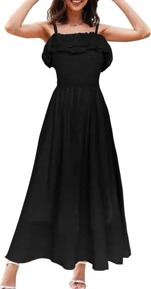 Women's Summer Dresses 2025 Sundress Spaghetti Strap Smocked Ruffle Beach Long Dress Boho Floral Maxi Dresses