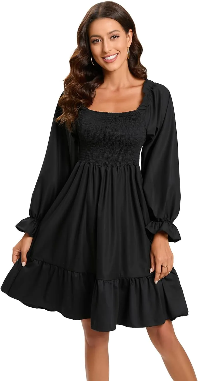 Women's Summer Dresses Square Neck Long Puff Sleeve Flowy A Line Casual Shirred Ruffle Mini Dresses