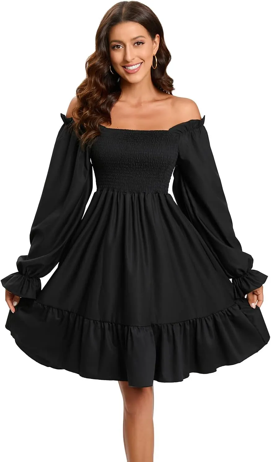 Women's Summer Dresses Square Neck Long Puff Sleeve Flowy A Line Casual Shirred Ruffle Mini Dresses