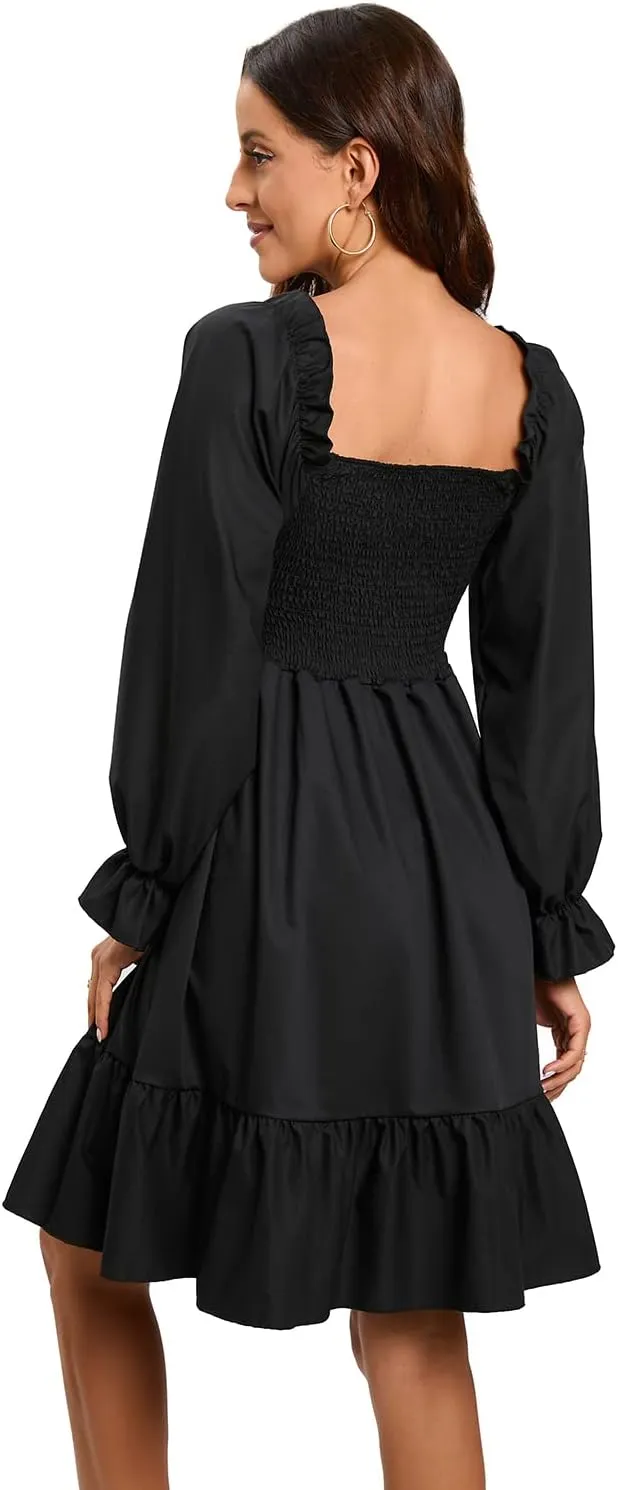 Women's Summer Dresses Square Neck Long Puff Sleeve Flowy A Line Casual Shirred Ruffle Mini Dresses