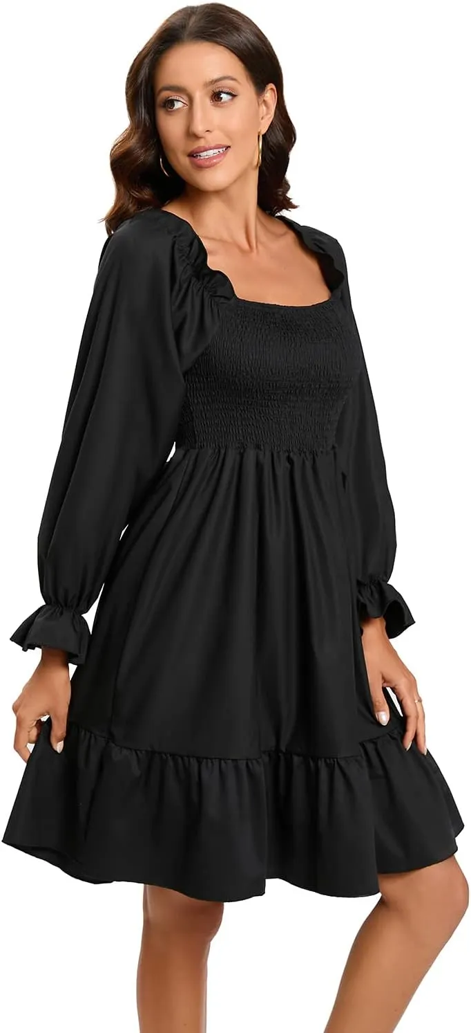 Women's Summer Dresses Square Neck Long Puff Sleeve Flowy A Line Casual Shirred Ruffle Mini Dresses