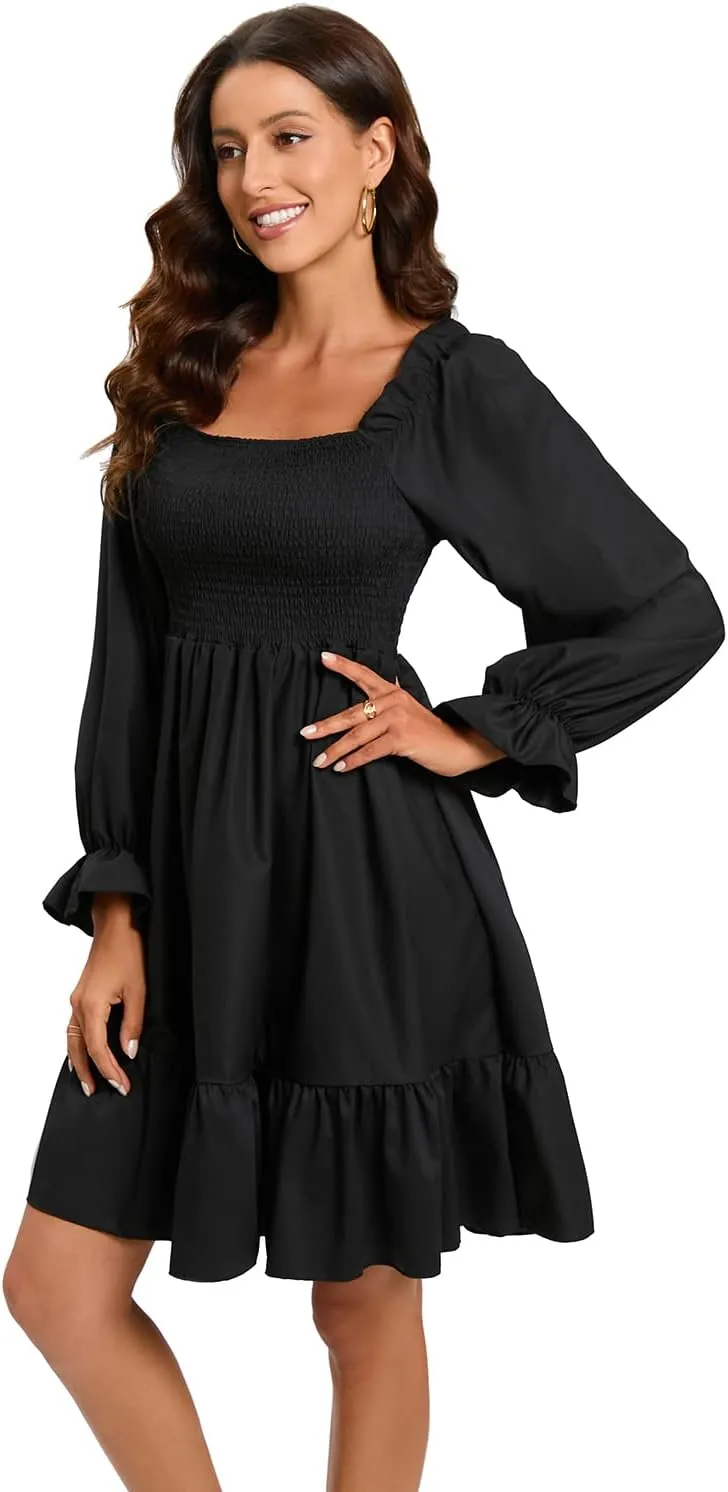Women's Summer Dresses Square Neck Long Puff Sleeve Flowy A Line Casual Shirred Ruffle Mini Dresses