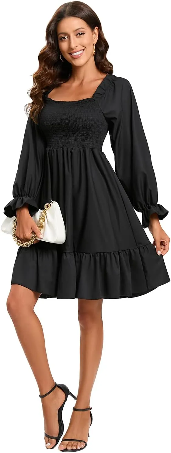 Women's Summer Dresses Square Neck Long Puff Sleeve Flowy A Line Casual Shirred Ruffle Mini Dresses