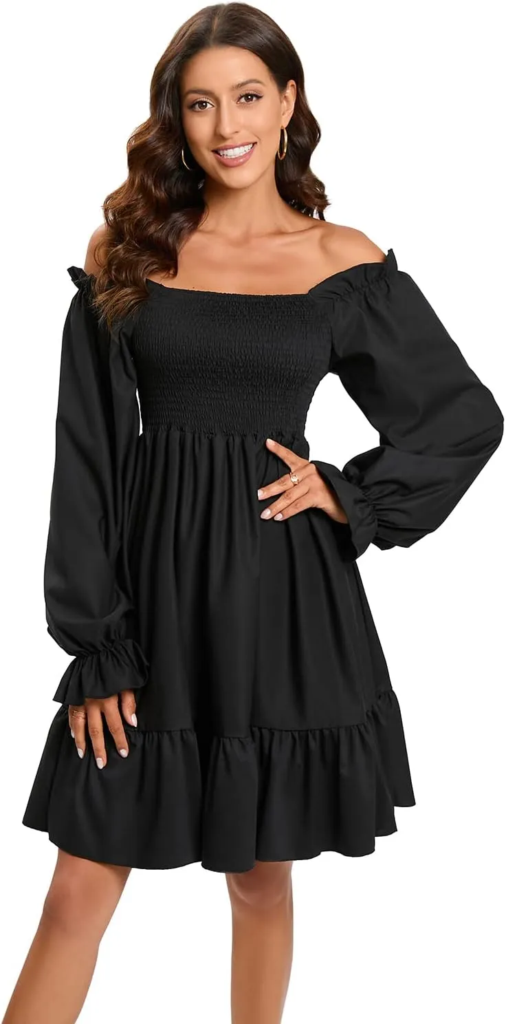 Women's Summer Dresses Square Neck Long Puff Sleeve Flowy A Line Casual Shirred Ruffle Mini Dresses
