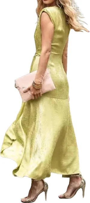 Womens Summer Elegant Fresh Green Deep V Neck Sleeveless A-Line Belt Ruffle Sexy Cocktail Party Maxi Dress