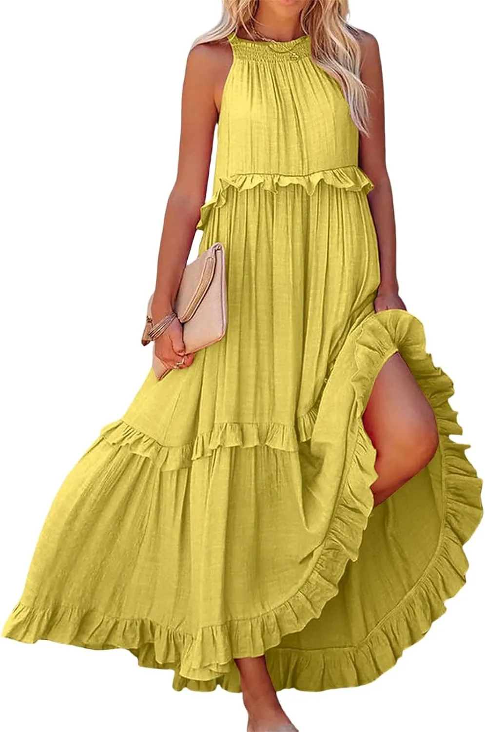 Women's Summer Maxi Dress Casual Boho Sleeveless Spaghetti Strap Smocked Tiered Long Beach Sexly Loose Sun Dresses