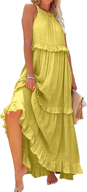 Women's Summer Maxi Dress Casual Boho Sleeveless Spaghetti Strap Smocked Tiered Long Beach Sexly Loose Sun Dresses